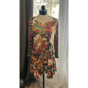 Amma Printed Dress Size Large Knit Long Sleeve Scoop Neck Stretch Art Floral